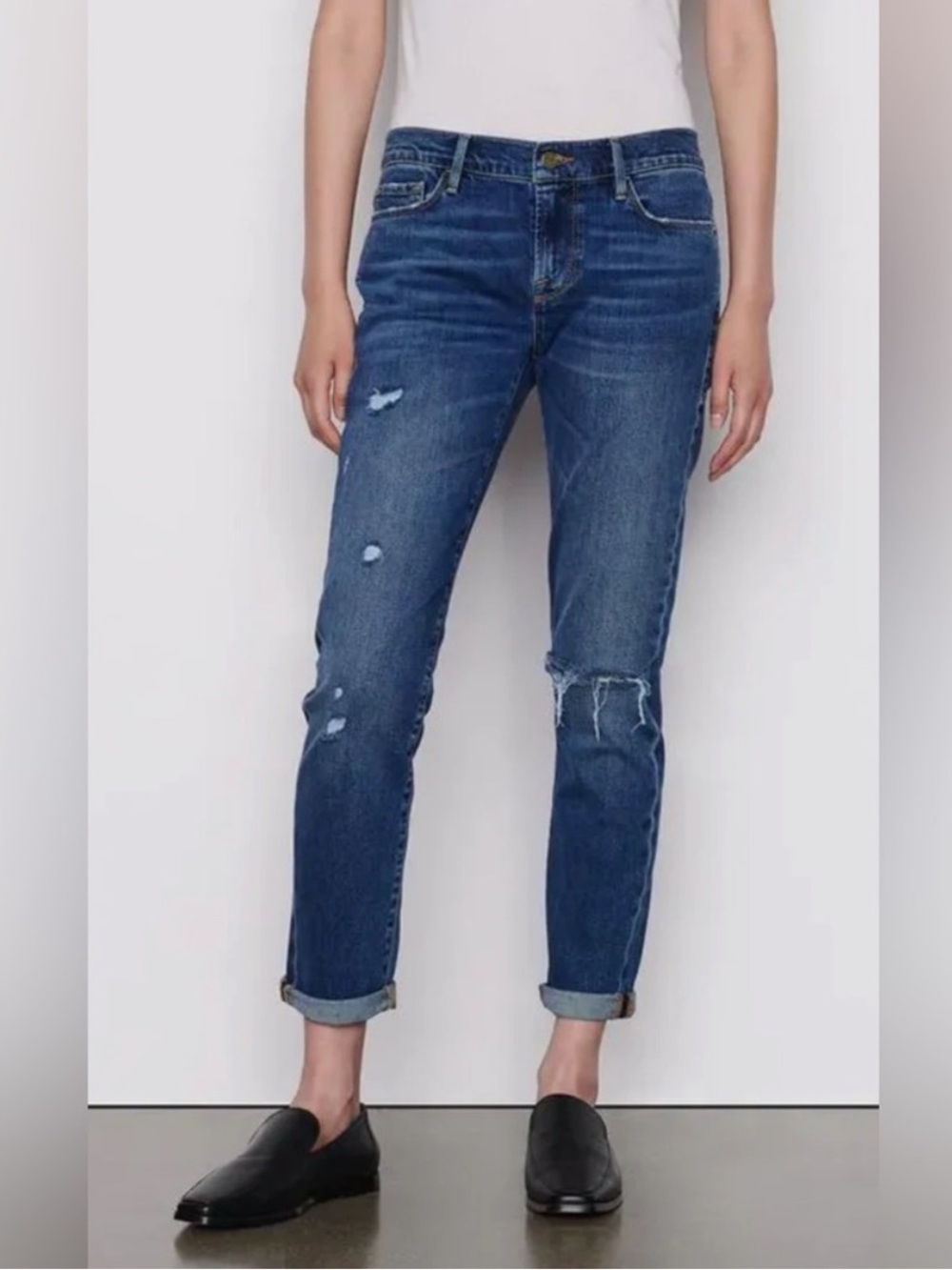FRAME Denim Le Garçon Mid-Rise Boyfriend Distressed Eaton Medium Blue Jeans 33